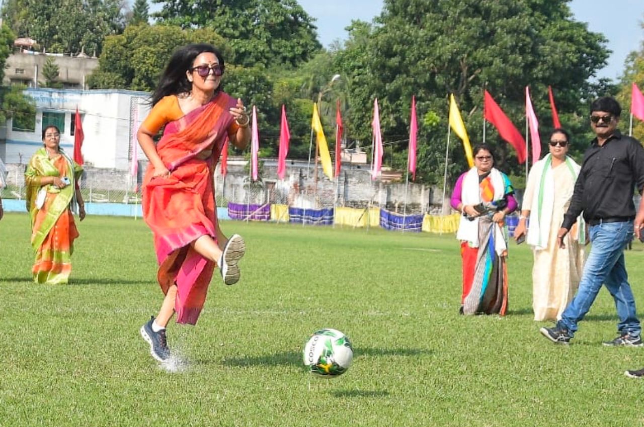 Mahua Moitra plays football in saree