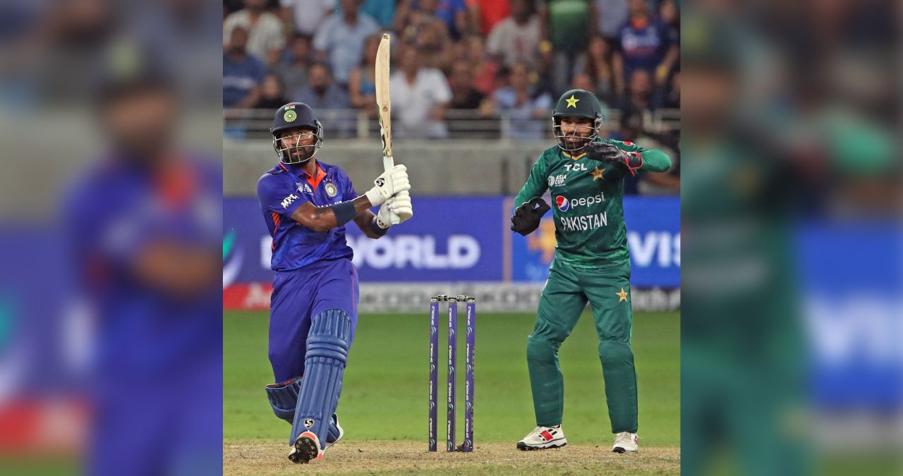 India's Hardik Pandya plays a shot during the Asia Cup 2022 Group A match between India and Pakistan, at the Dubai International Cricket Stadium in Dubai on Sunday. (Photo Credit: ANI File)