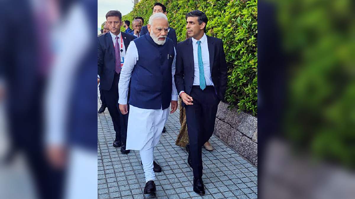 UK PM Rishi Sunak with Indian PM Narendra Modi on the sidelines of the G7 Summit in Hiroshima, Japan. (Photo Credit: ANI File)