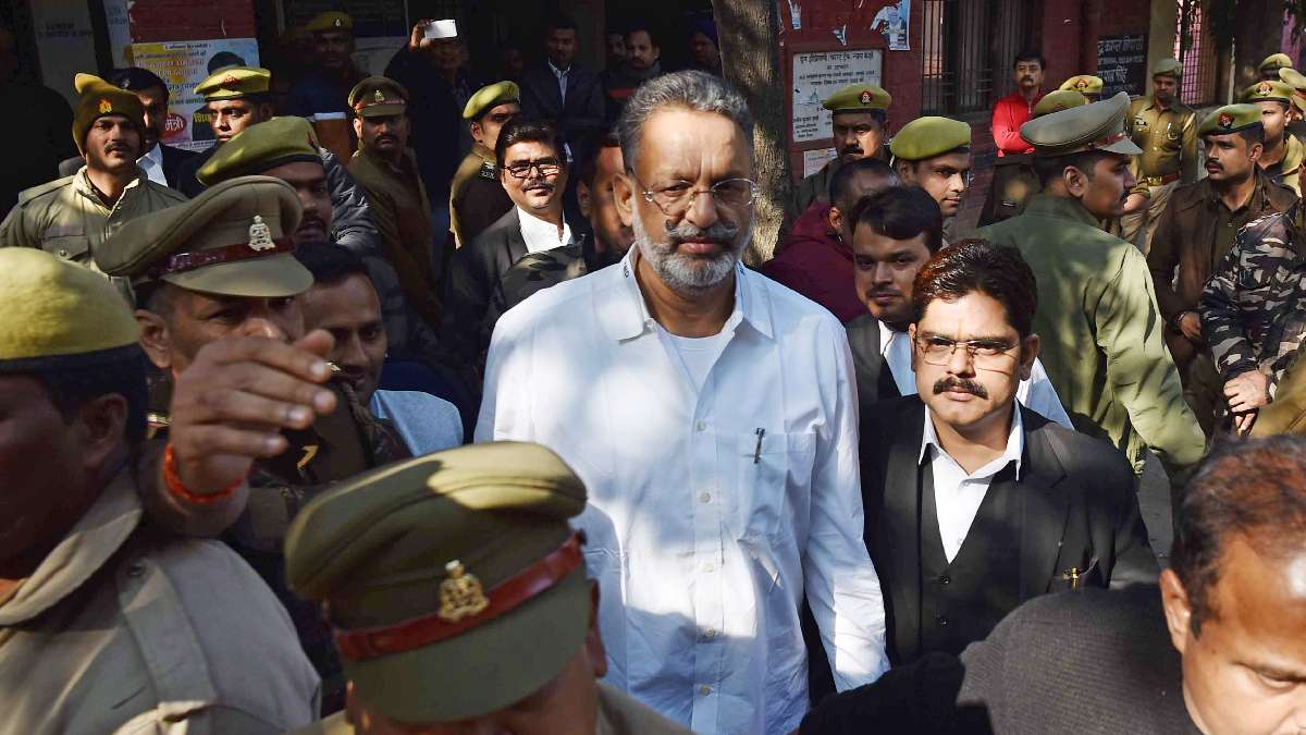 Gangster-turned-politician Mukhtar Ansari is being produced in a district court in a money laundering case, in Prayagraj. (Photo Credit: ANI File)