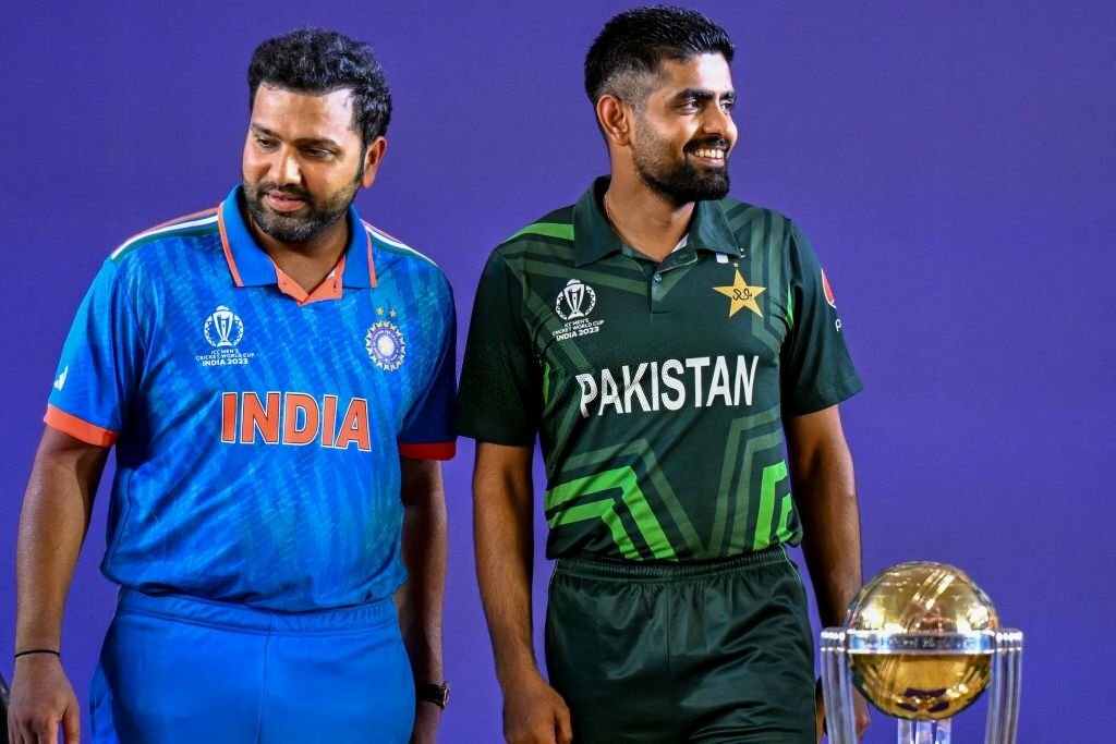 Rohit Sharma and Babar Azam with World Cup trophy (pic credit: X)