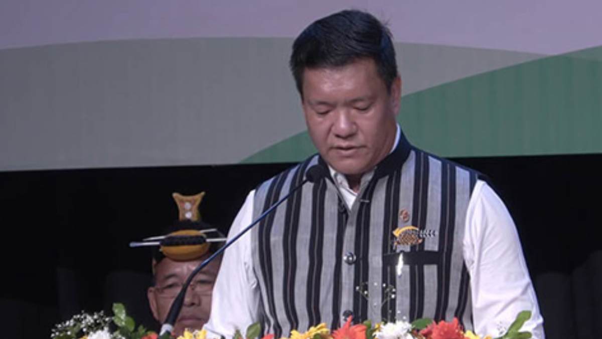 Pema Khandu sworn in as Arunachal Pradesh Chief Minister for third term. Amit Shah, JP Nadda attend ceremony.