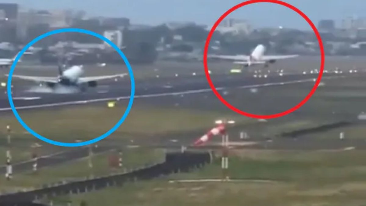 The IndiGo plane, shown in the blue circle, touched down on the Mumbai airport runway while the Air India flight, depicted in the red circle, was still in the process of taking off. (Image: @karanbhanushaliii/X)