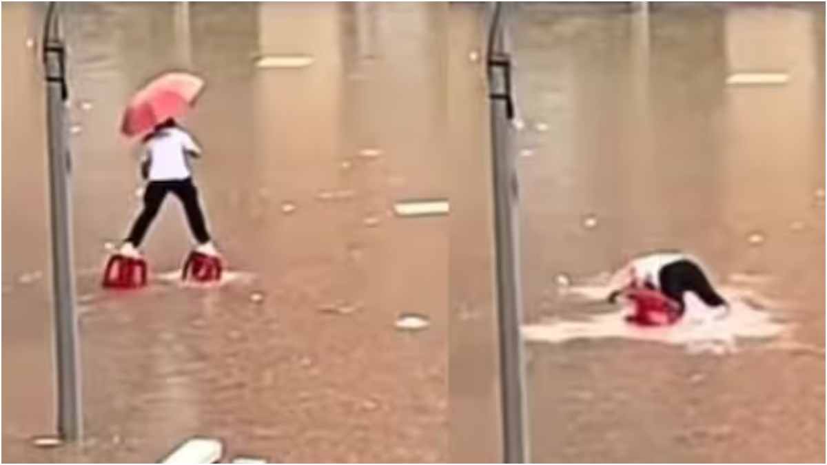 Man uses DIY water shoes in viral video navigating flooded streets, sparking humor and safety discussions online.