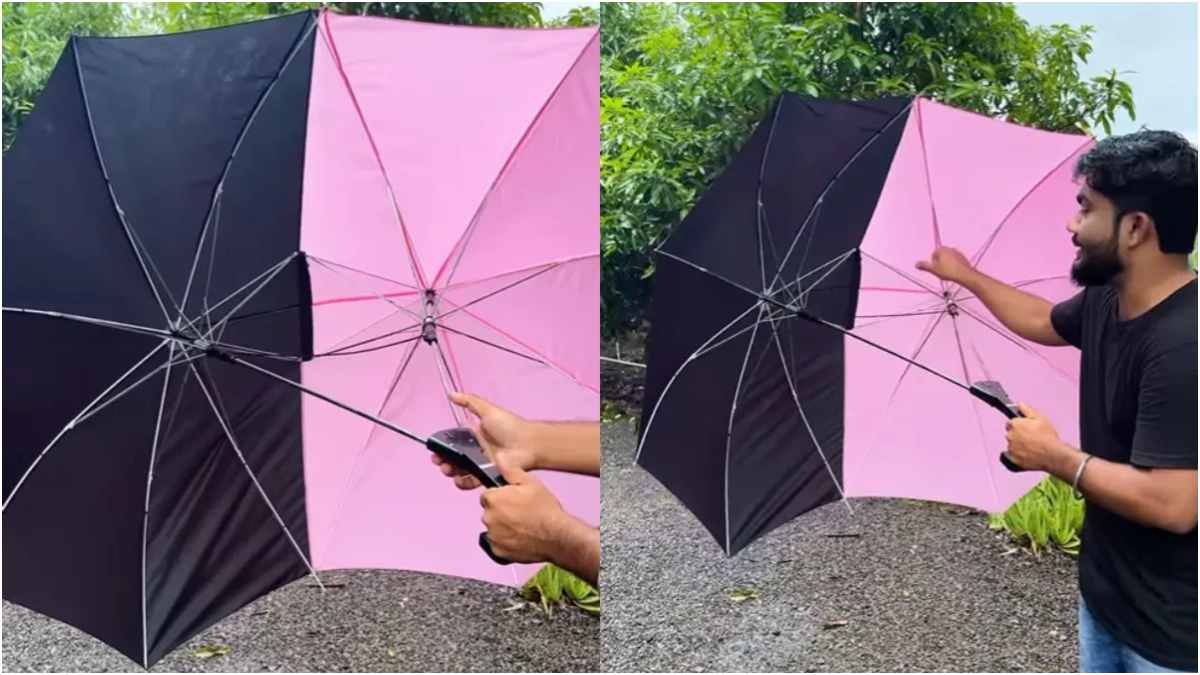 Man's innovative 'couple umbrella' goes viral, offering a practical monsoon solution for couples with its unique design.