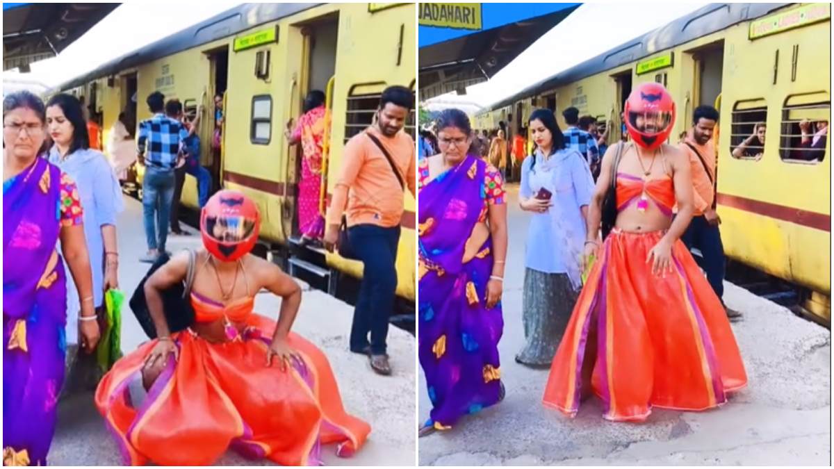 Content creator Rahul Saha in Lehenga and Helmet dancing on Railway station