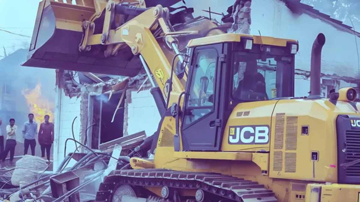 Bulldozer demolishing structures