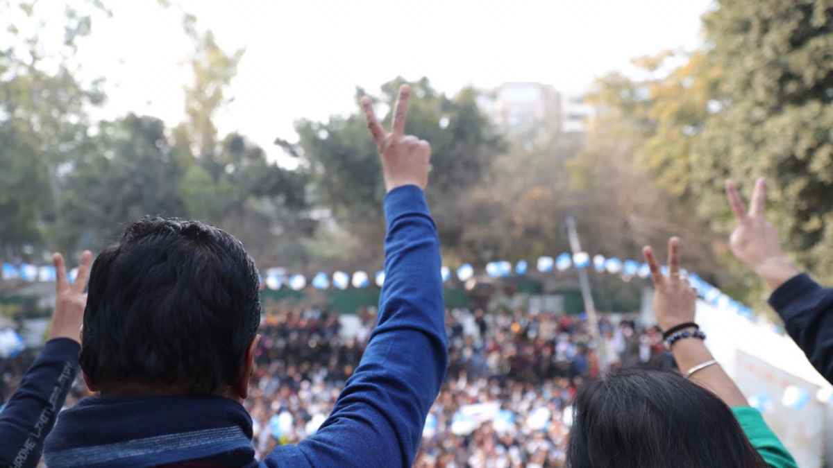 AAP leader Arvind Kejriwal at a rally in Delhi