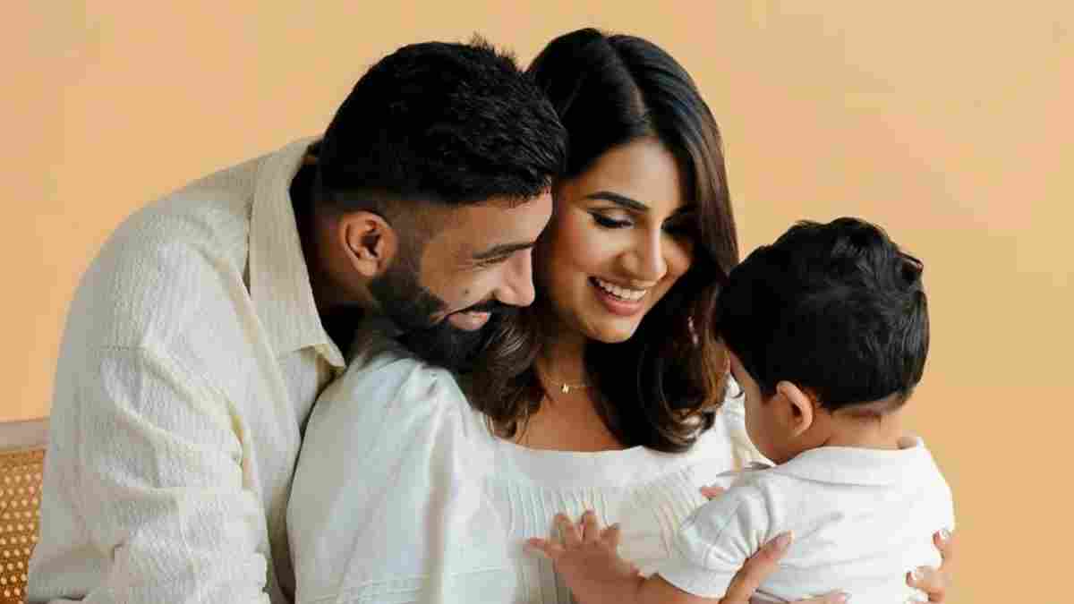 Jasprit Bumrah with his wife Sanjana Ganesan and son Angad