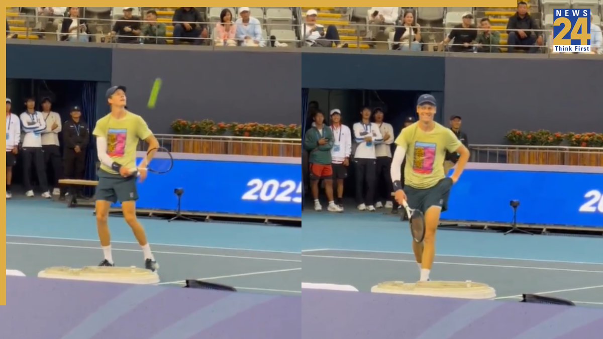 Jannik Sinner catches ball with his pocket