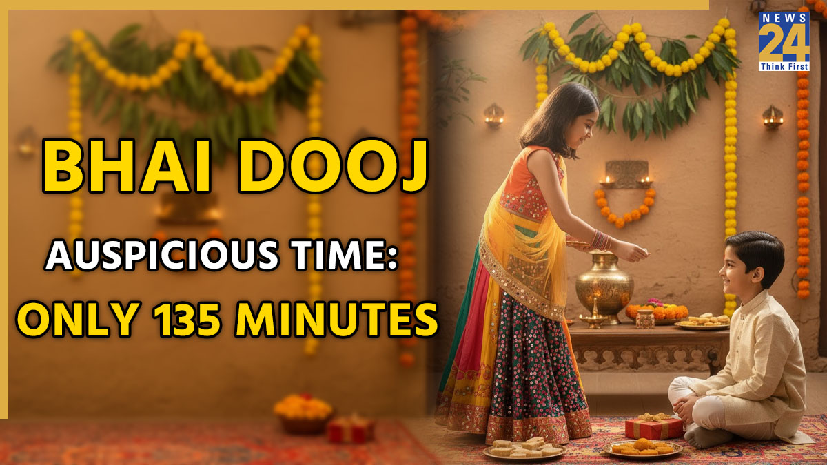 BAHI DOOJ TIME Bhai Dooj 2025: The Dwitiya Tithi takes place during the afternoon Aparahna window, starting at 8:16 PM on October 22 and ending at 10:46 PM on October 23. However, the auspicious period of tilak will only last for 135 minutes.