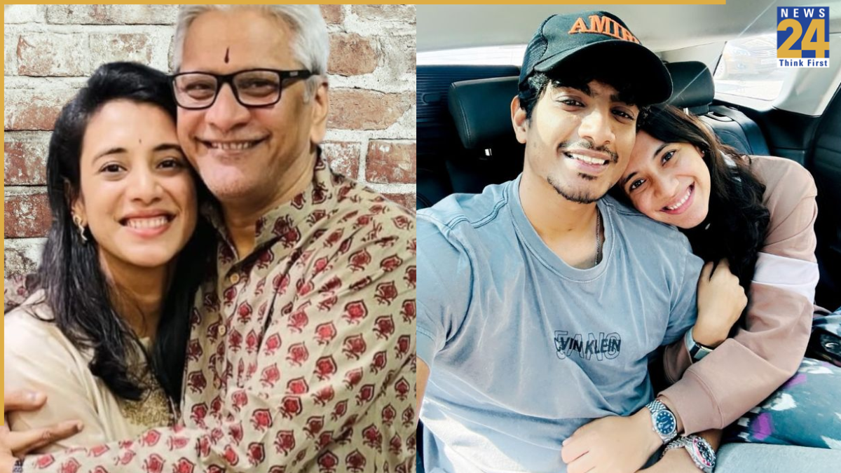 Smriti Mandhana with her father and fiance